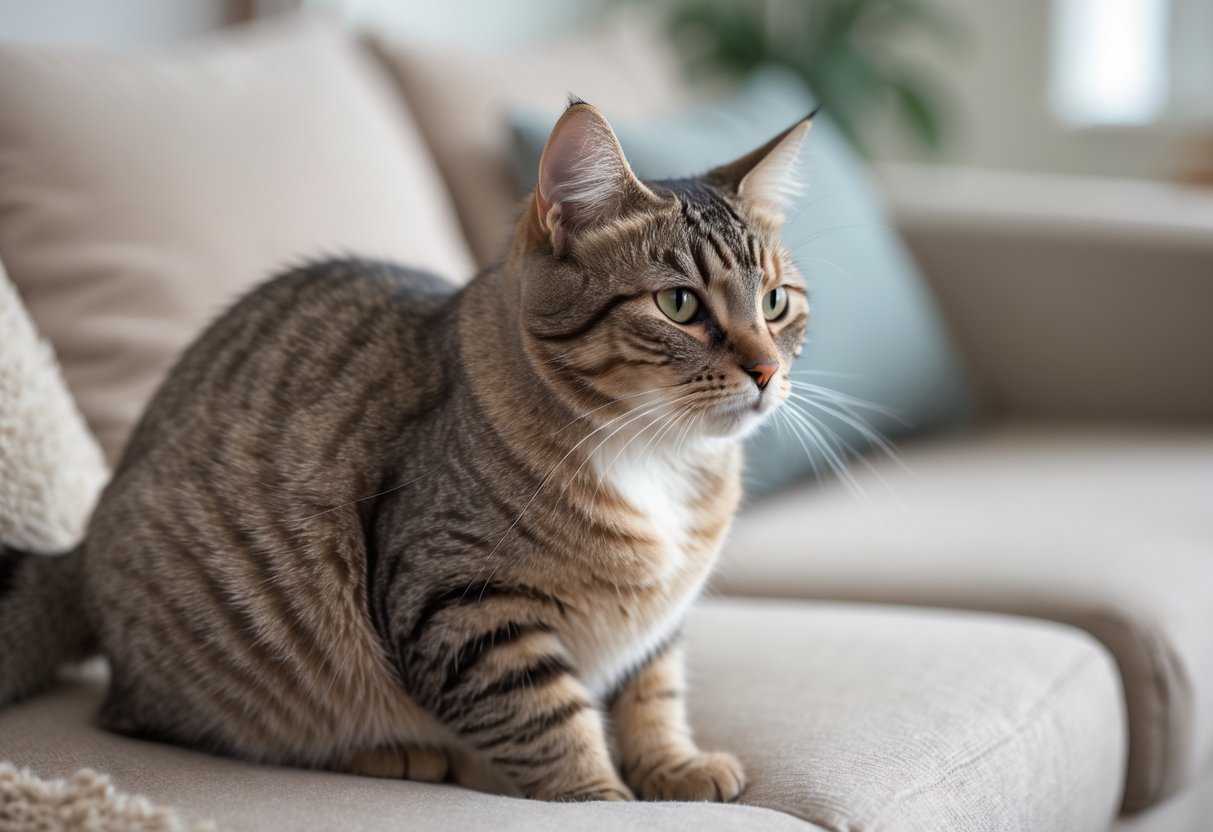 Close-up of a cat with patches of hair loss sitting calmly on a soft surface indoors.