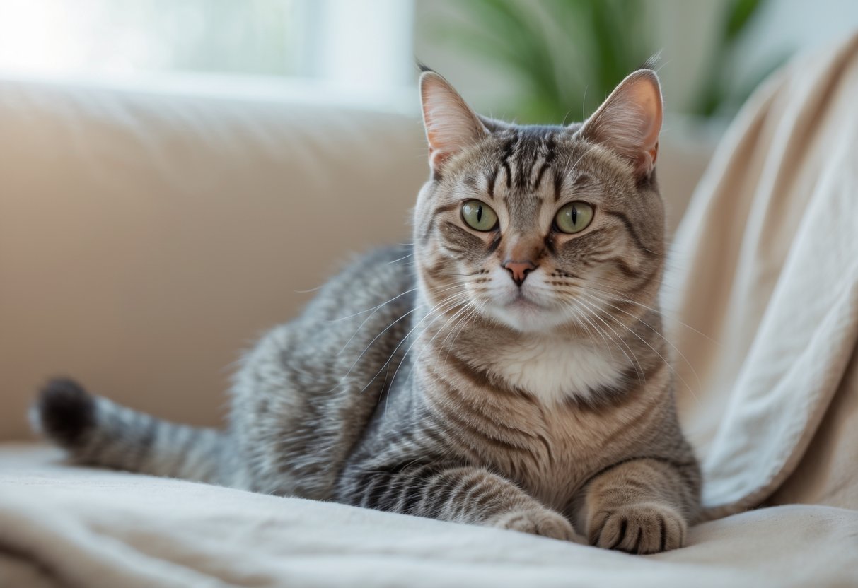 A domestic short-haired cat sitting calmly with visible patches of hair loss on its neck and sides.