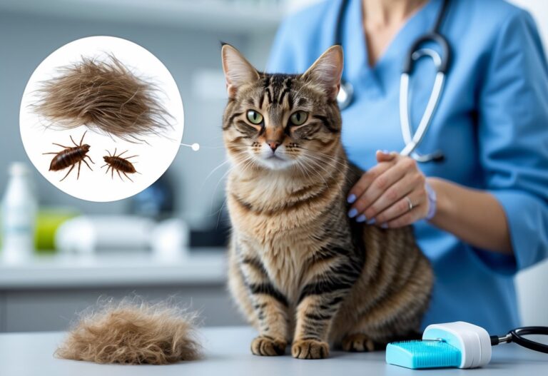 A close-up of a domestic cat with a healthy coat surrounded by elements representing causes of cat hair loss, including loose fur, fleas, topical treatment, and a veterinary clinic background.