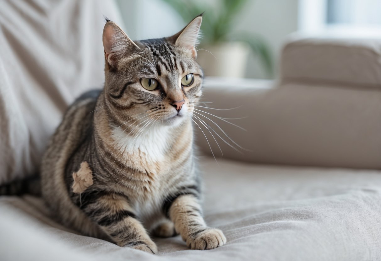 Close-up of a cat with patches of hair loss sitting calmly indoors on a soft surface.