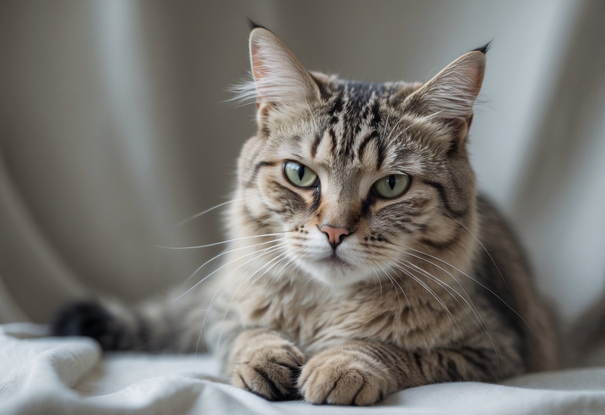 Close-up of a domestic cat with patchy hair loss and thinning fur, sitting calmly on a neutral background.