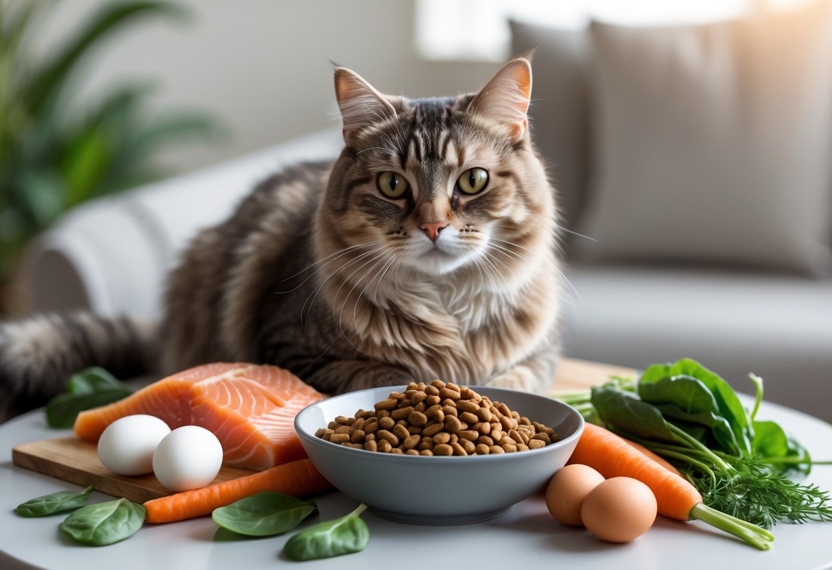 A healthy domestic cat sitting next to a bowl of cat food surrounded by fresh ingredients like salmon, chicken, eggs, and vegetables.