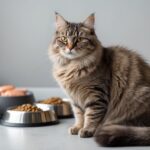 A healthy cat with shiny fur sitting calmly next to bowls of nutritious cat food on a plain background.
