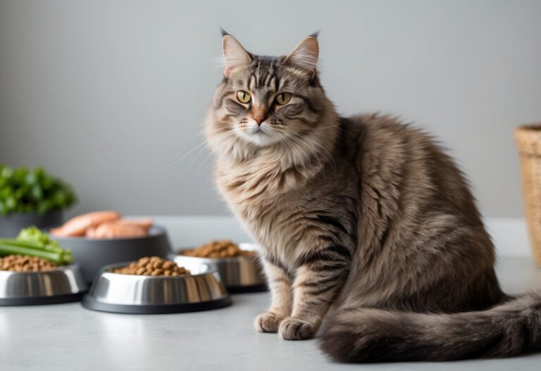 A healthy cat with shiny fur sitting calmly next to bowls of nutritious cat food on a plain background.