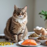 A healthy cat with a shiny coat sitting near fresh fish, eggs, leafy greens, and bowls of cat food.