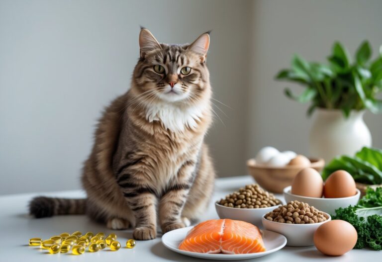 A healthy cat with a shiny coat sitting near fresh fish, eggs, leafy greens, and bowls of cat food.