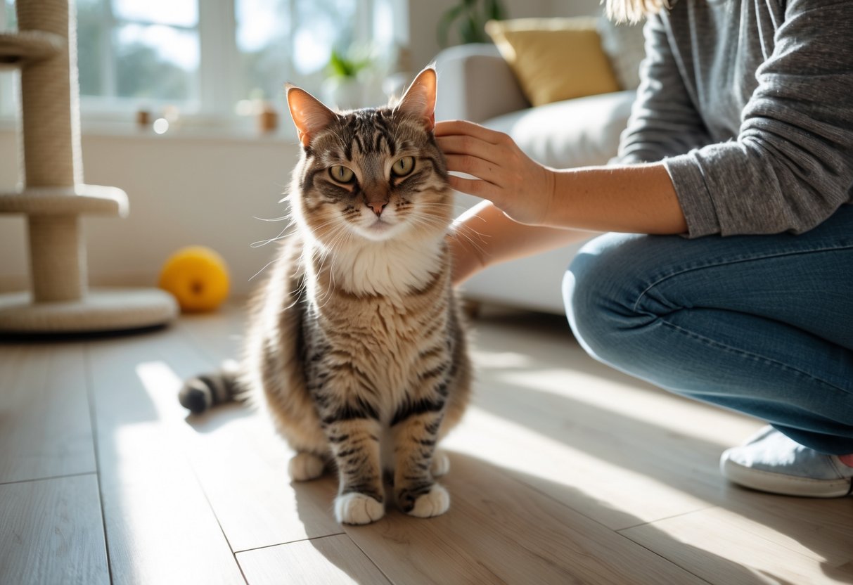 A person gently stroking a calm cat's head while holding its paw in a bright living room.