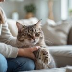 A person gently holding a calm cat's paw indoors, showing a peaceful interaction between them.