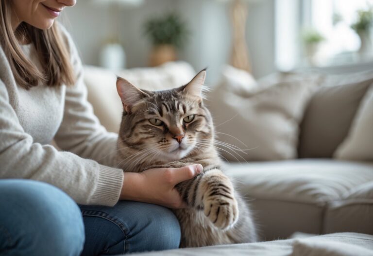 A person gently holding a calm cat's paw indoors, showing a peaceful interaction between them.