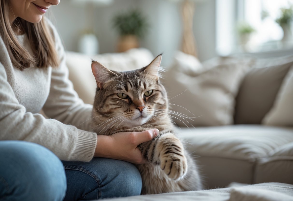 A person gently holding a calm cat's paw indoors, showing a peaceful interaction between them.
