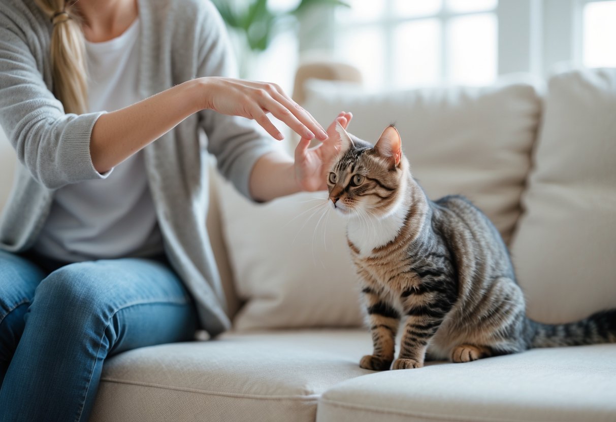 A person gently interacting with a calm cat indoors to prevent biting.