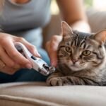 Person gently trimming a domestic cat's nails at home.