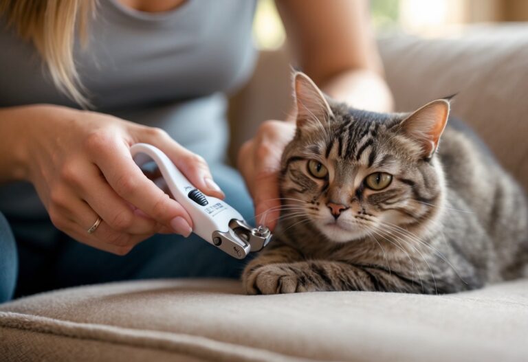 Person gently trimming a domestic cat's nails at home.