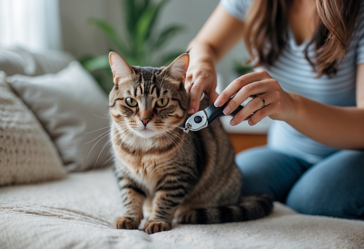 A person gently trimming a calm cat's nails at home.