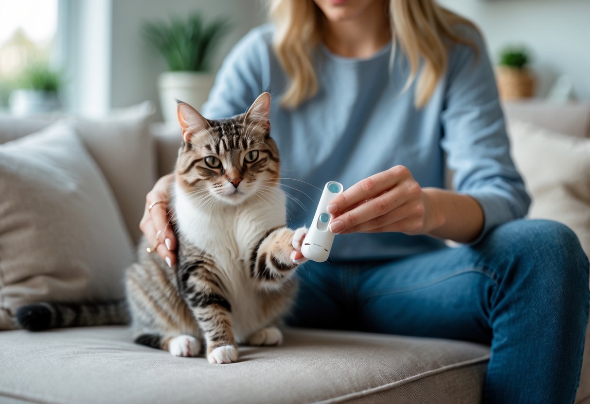 A person gently holding a cat's paw preparing to trim its nails at home.