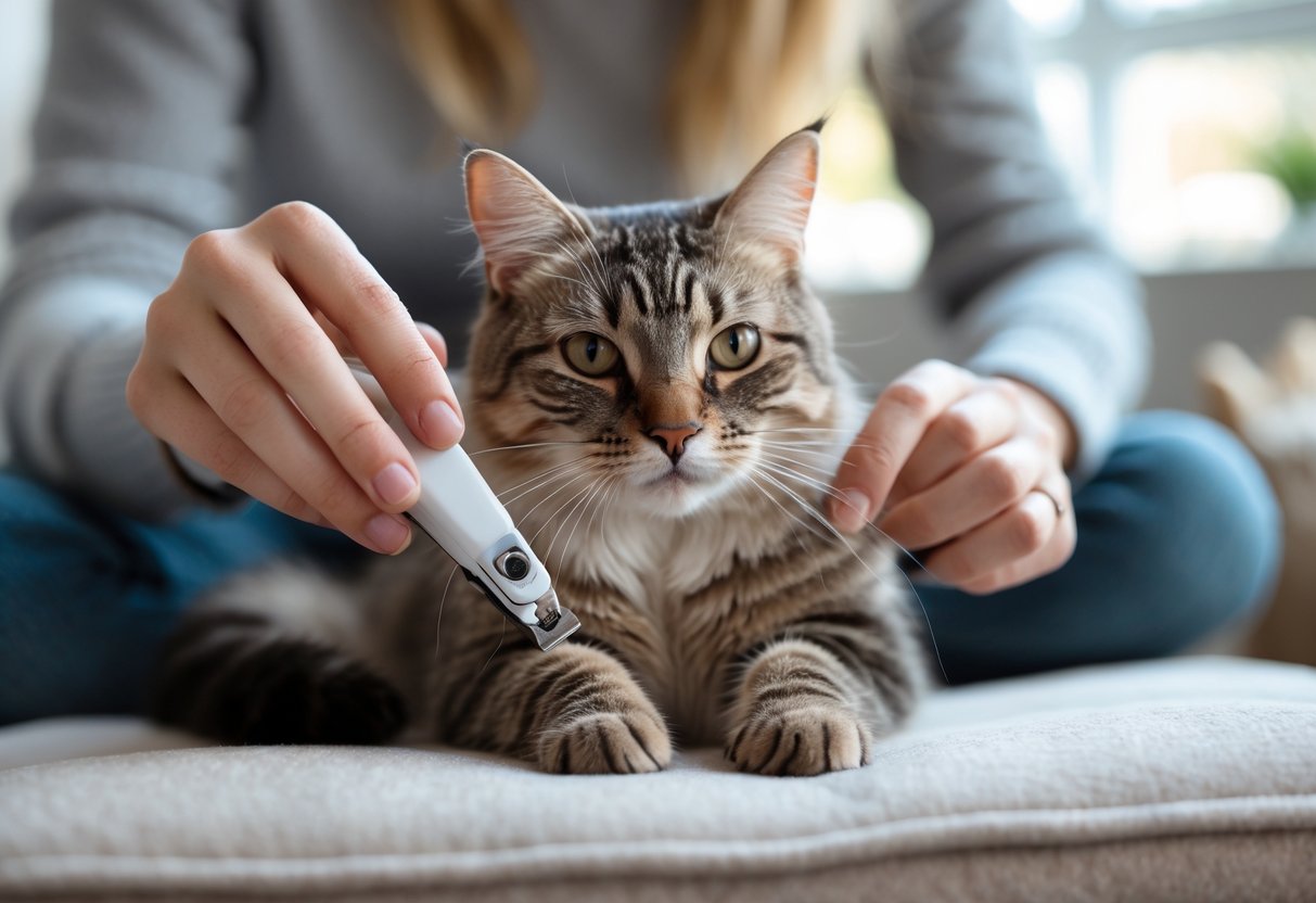 A person gently trimming a calm cat's nails at home.