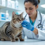 A veterinarian gently examining a cat with watery eyes and nasal discharge in a veterinary clinic.