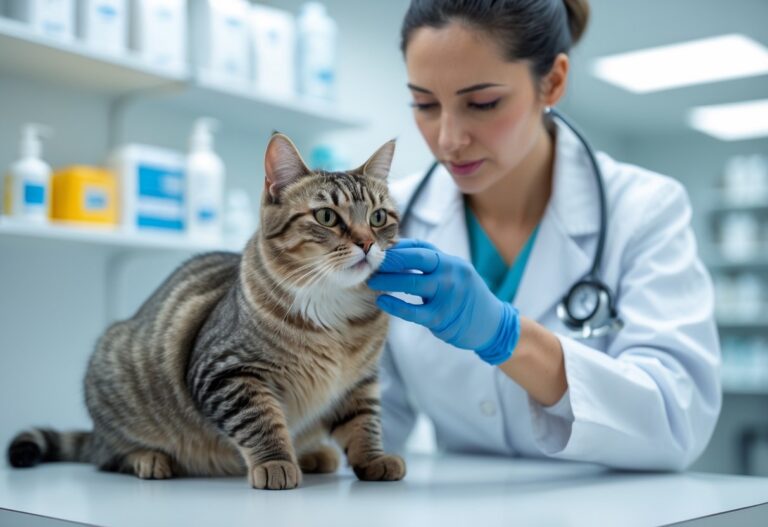 A veterinarian gently examining a cat with watery eyes and nasal discharge in a veterinary clinic.