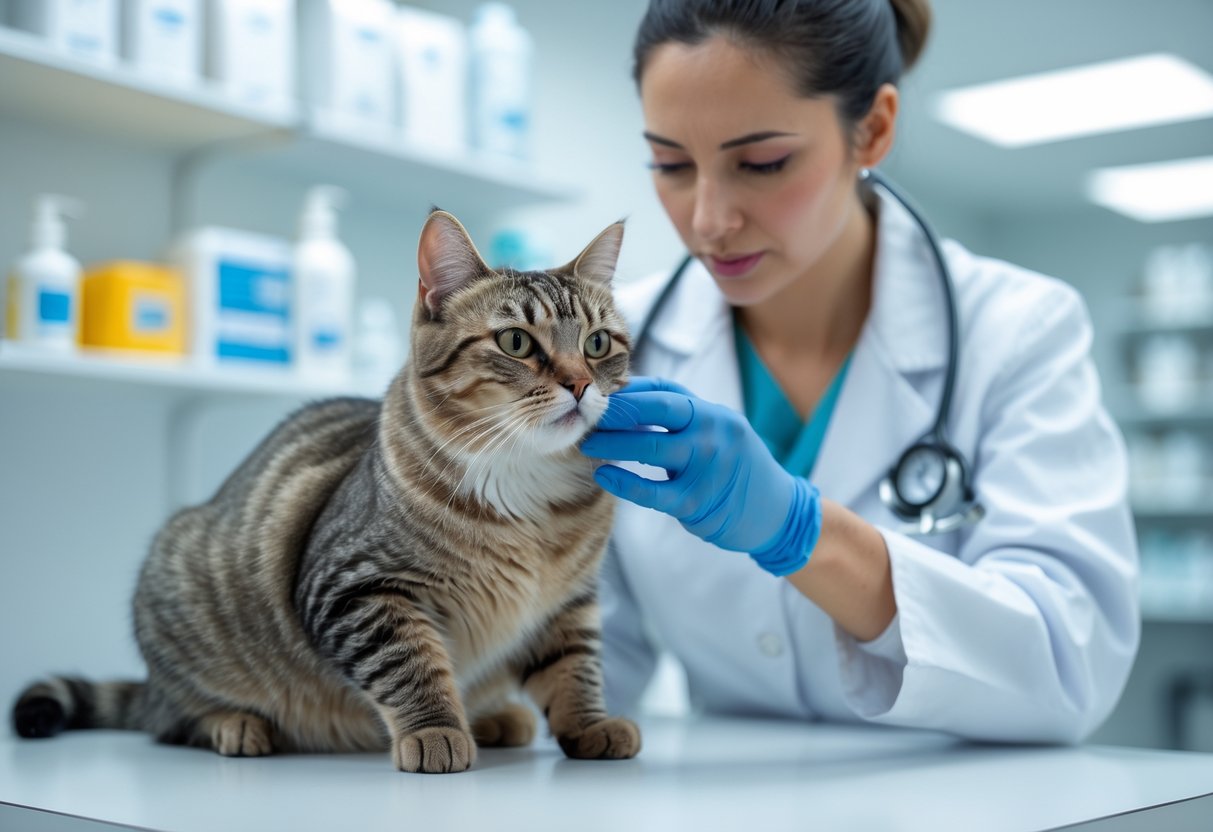 A veterinarian gently examining a cat with watery eyes and nasal discharge in a veterinary clinic.