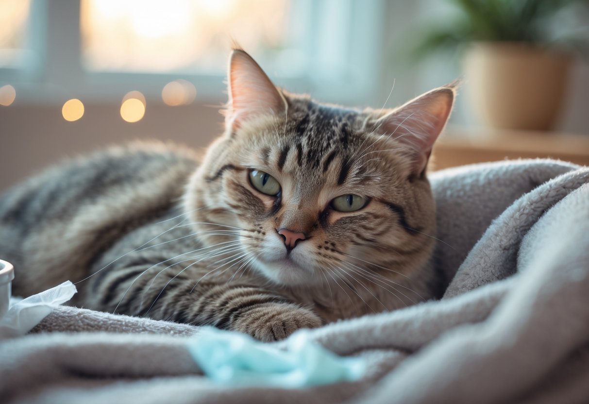 A close-up of a domestic cat resting indoors with watery eyes, looking slightly unwell on a soft blanket.