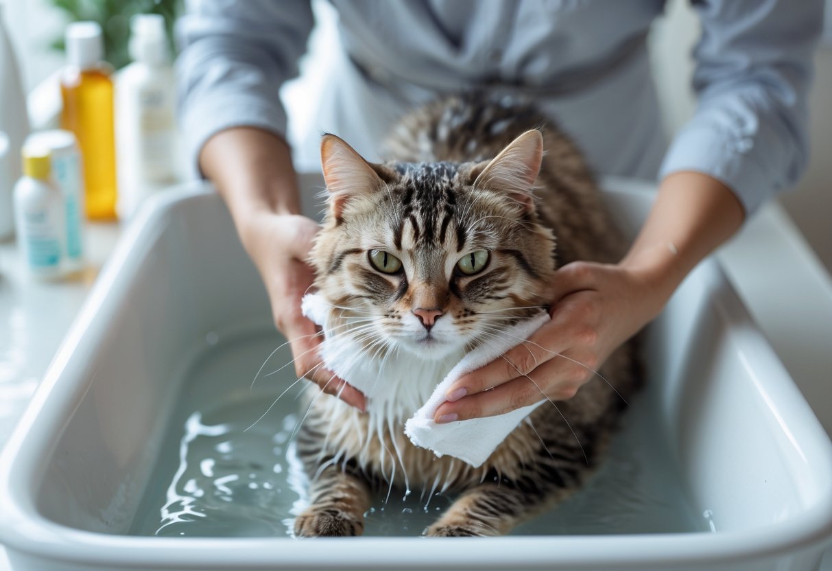A person gently bathing a calm cat in a shallow basin filled with water inside a bright bathroom.