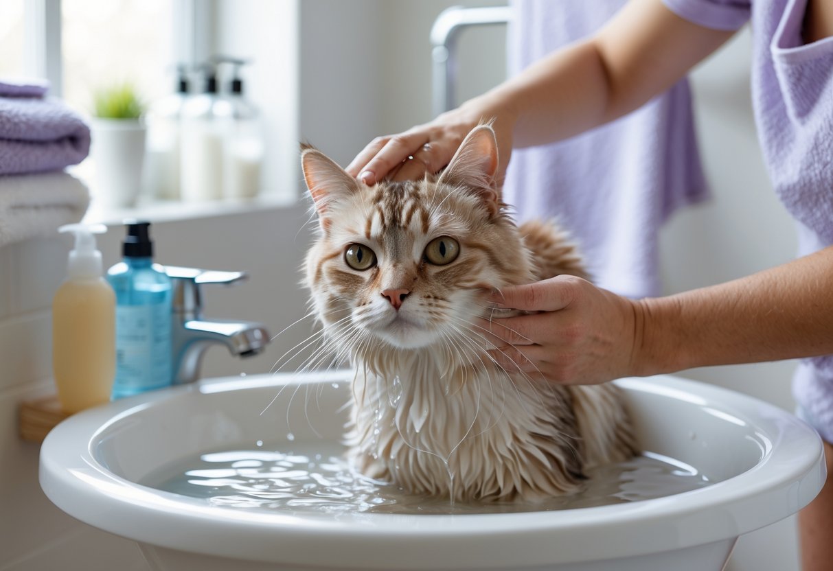 A person gently bathing a calm cat in a bathroom sink with grooming supplies nearby.