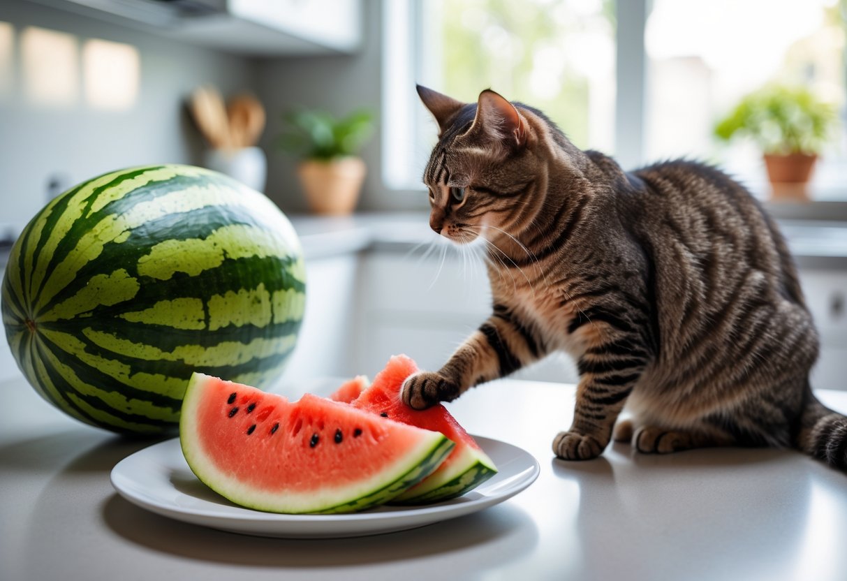 A cat sitting on a kitchen countertop next to sliced watermelon, reaching towards a small piece on a plate.