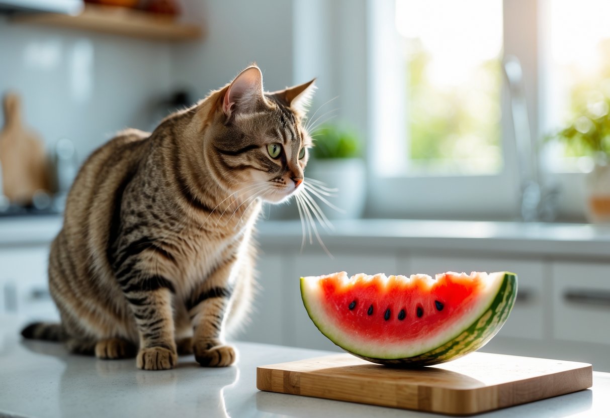 A cat sitting on a kitchen countertop looking at a slice of watermelon on a cutting board.
