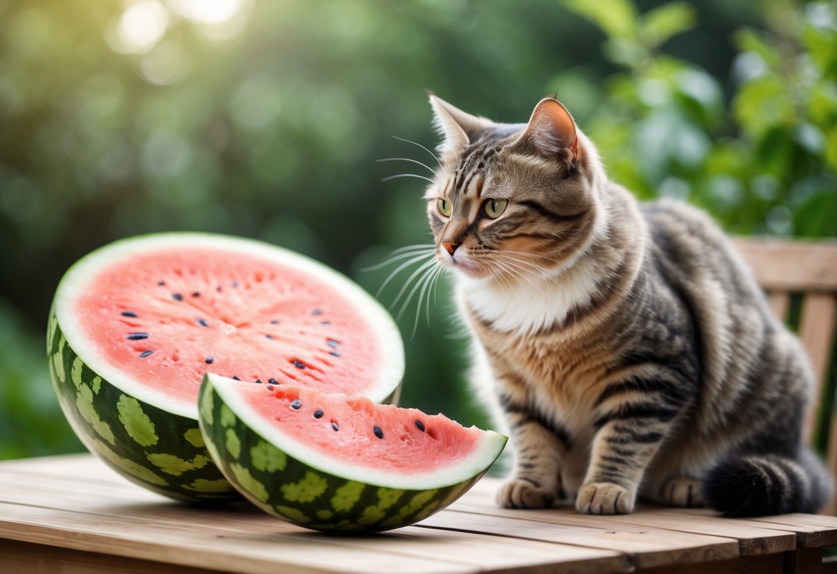 A domestic cat sitting next to sliced watermelon on a wooden table in a garden setting.