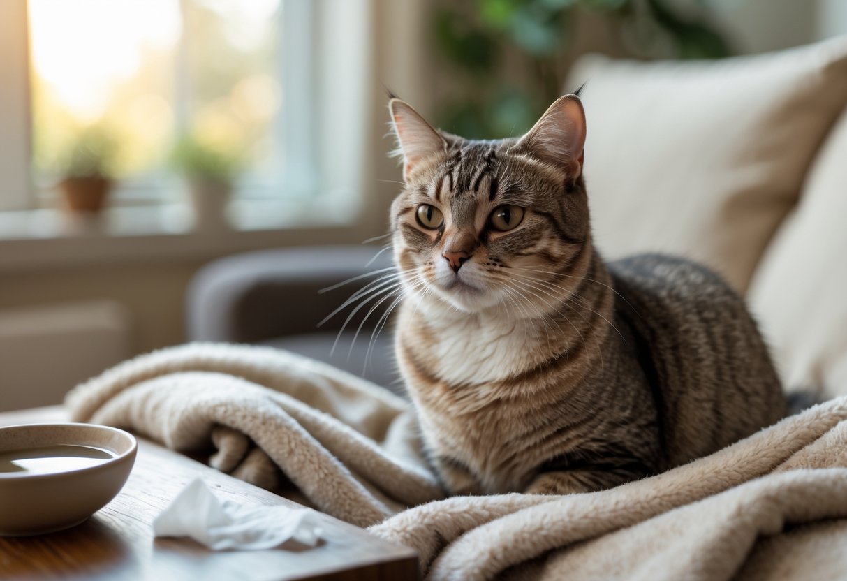 A domestic cat sitting indoors showing signs of an upper respiratory infection with watery eyes and a slightly red nose.