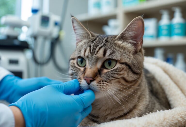 A cat with watery eyes being gently examined by a veterinarian in a veterinary clinic.