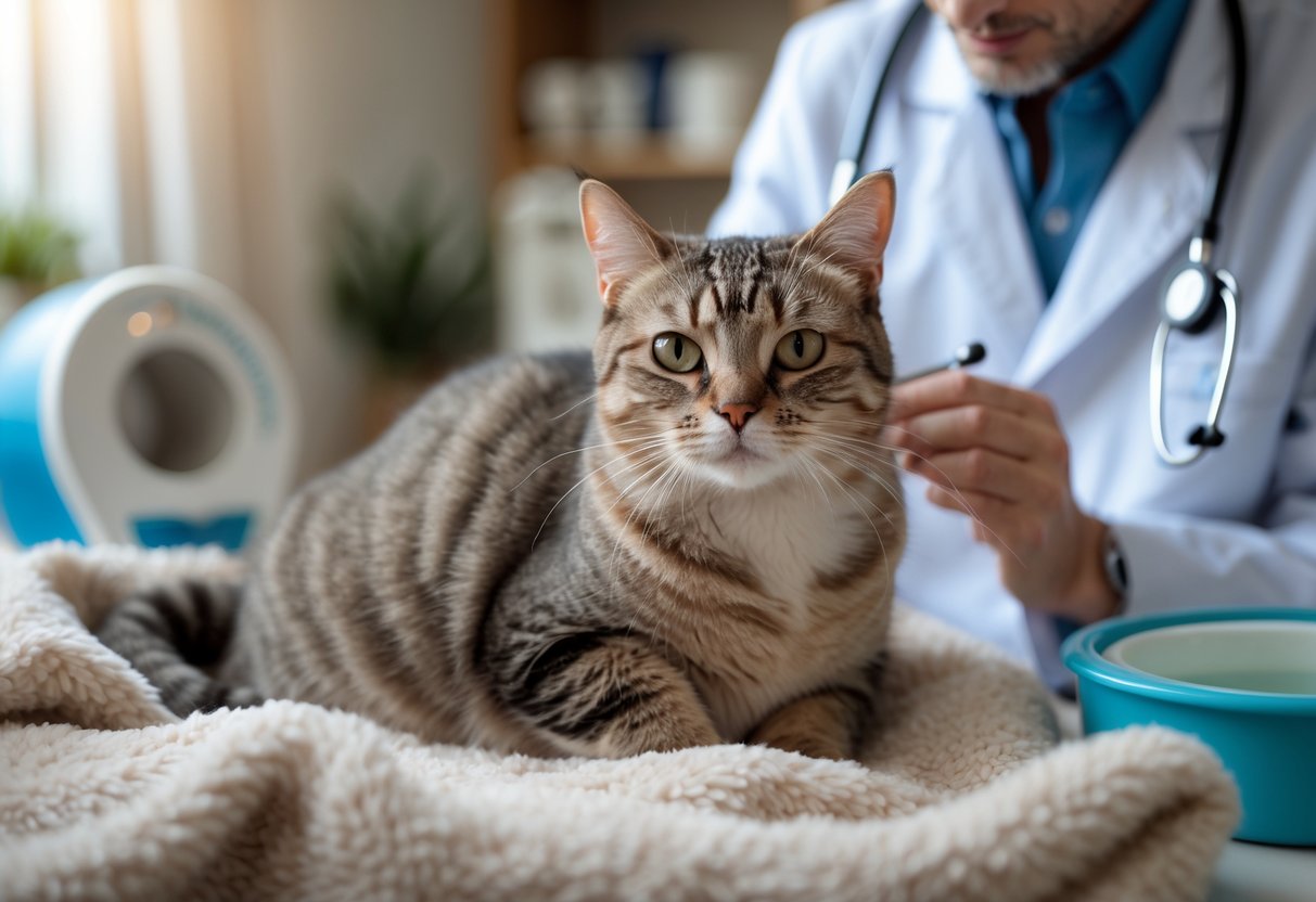 A cat with watery eyes and a slightly red nose being gently examined by a veterinarian indoors.