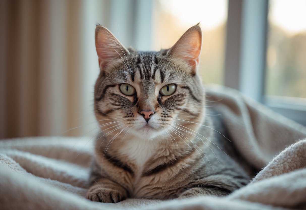 A domestic cat sitting indoors on a blanket near a window, showing signs of illness with watery eyes and a moist nose.