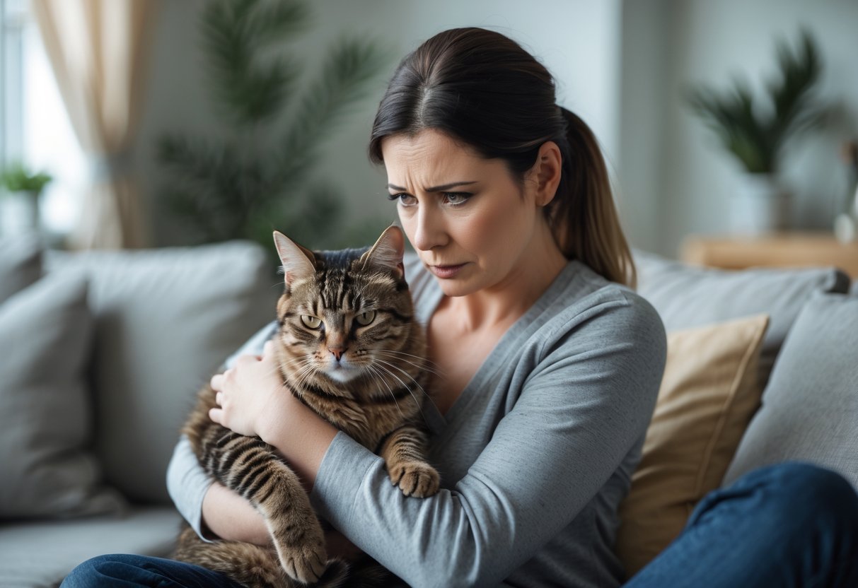A woman holding a slightly agitated tabby cat indoors, looking concerned.