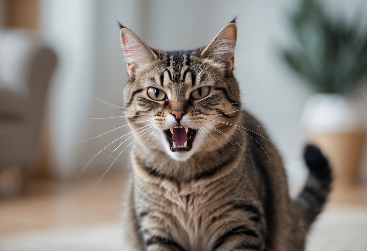 A domestic cat hissing with ears back and tense posture in a home setting.
