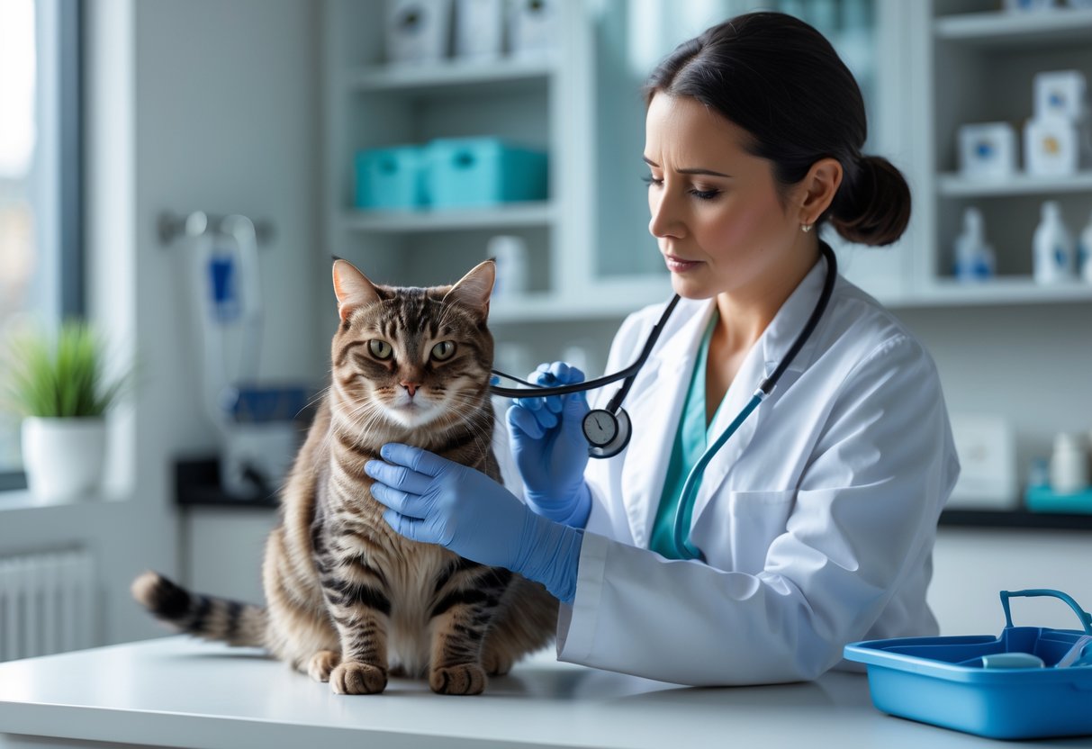 A veterinarian examining a slightly tense cat on an examination table in a veterinary clinic.