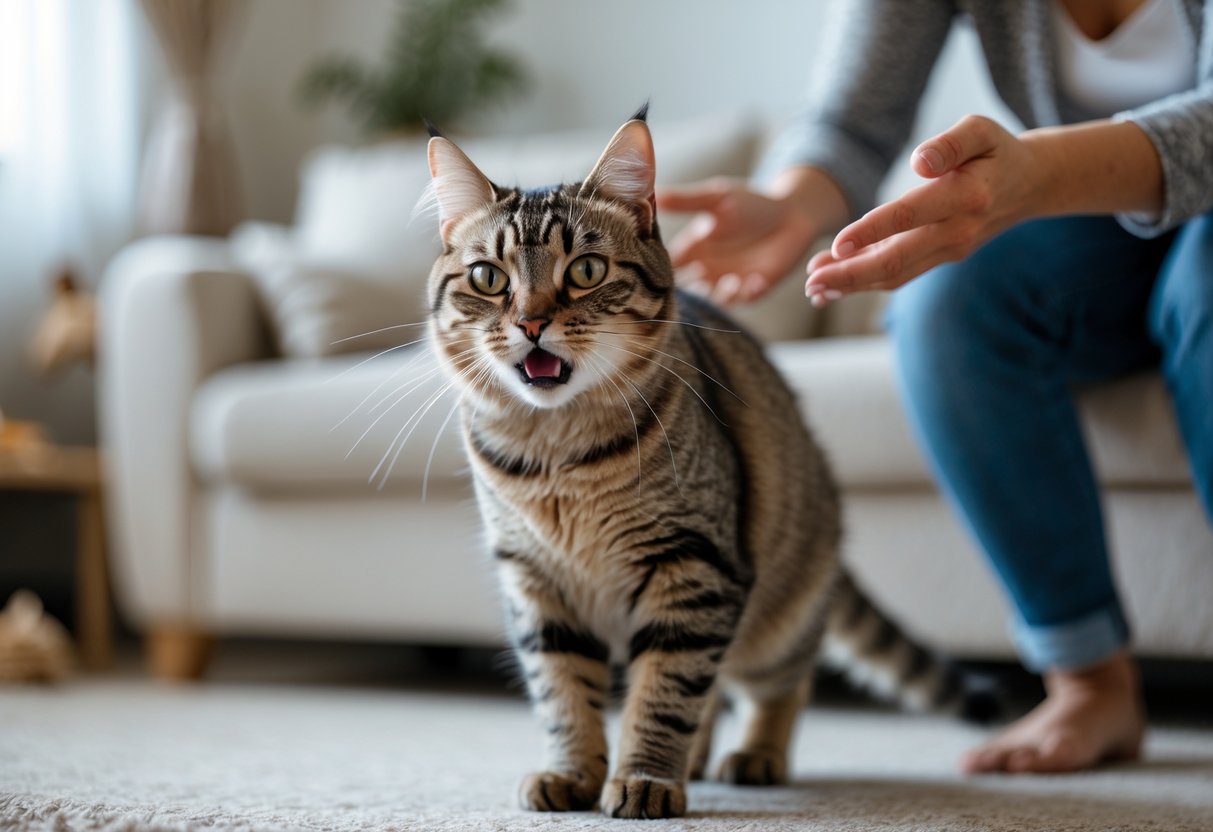 A cat hissing with fur puffed up and ears flattened, while a person cautiously reaches out in a living room.