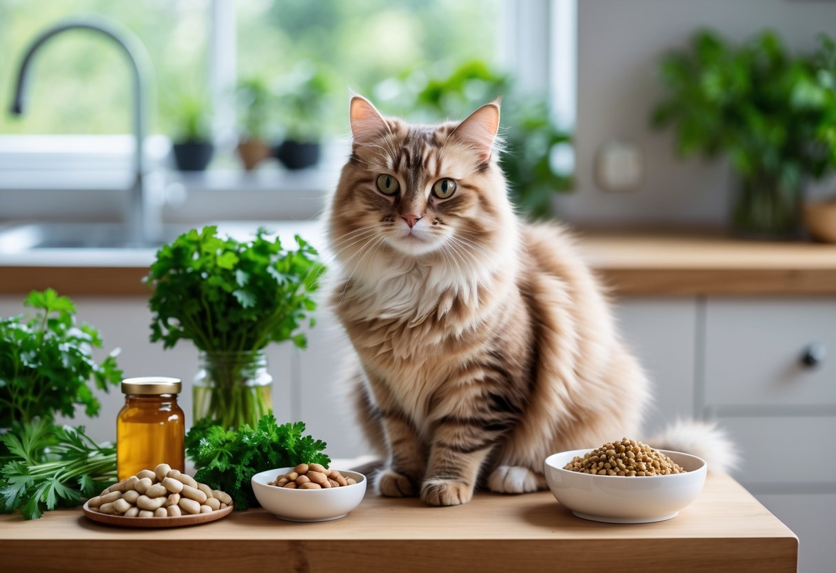 A healthy cat sitting on a table next to natural supplements, fresh herbs, and cat food in a bright kitchen.