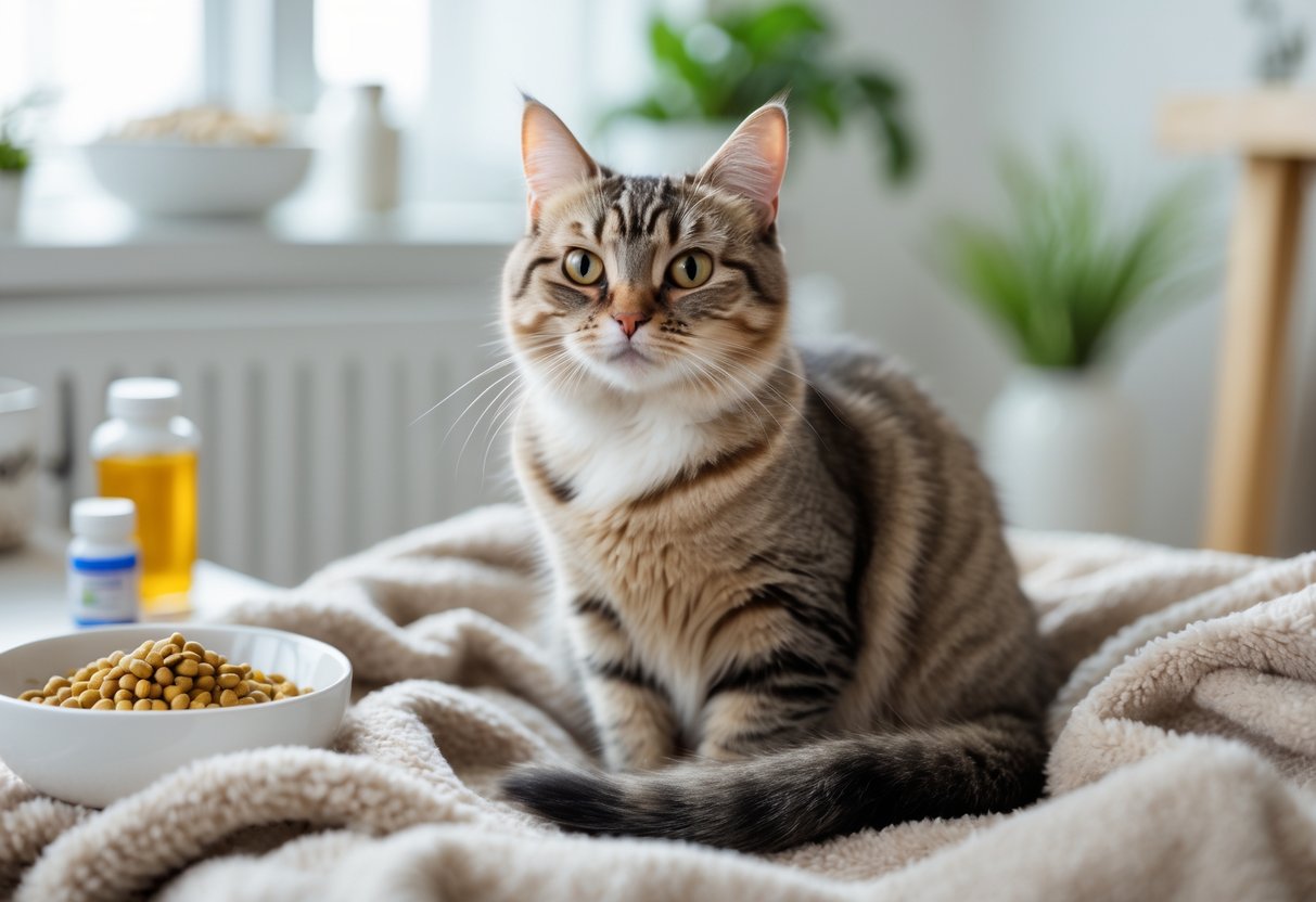 A healthy domestic cat sitting on a blanket in a bright home with pet care items nearby.