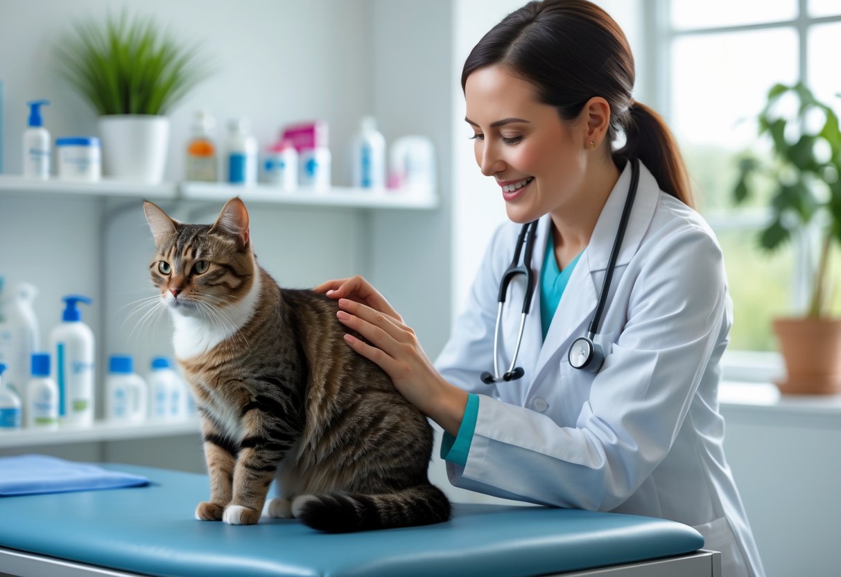 A veterinarian in a white coat gently examining a calm tabby cat on a table inside a bright veterinary clinic.