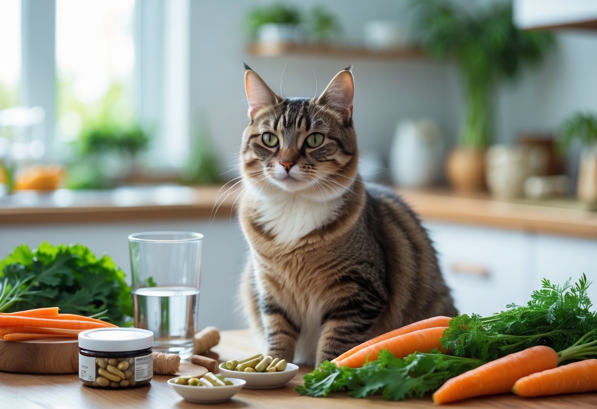 A healthy cat sitting on a table surrounded by natural supplements and fresh vegetables in a bright kitchen.