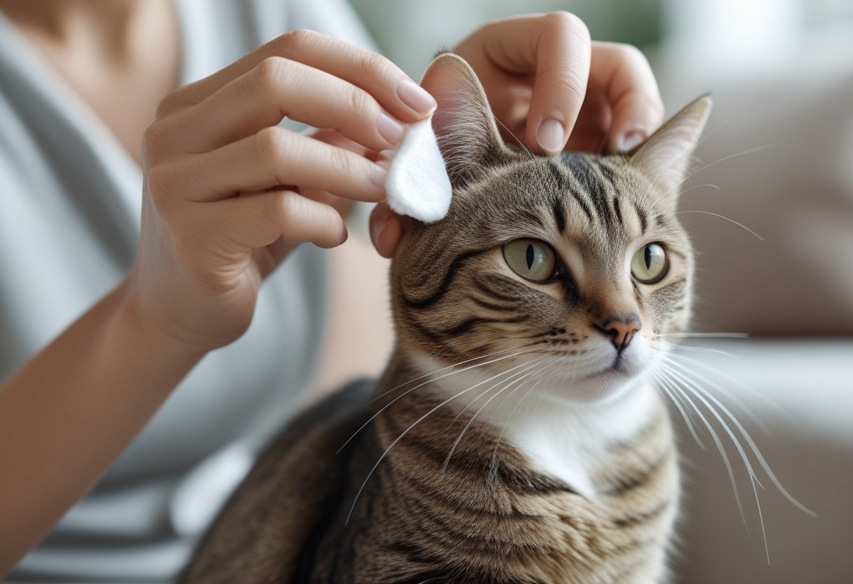 A person gently cleaning a cat's ears with a cotton pad while the cat sits calmly.