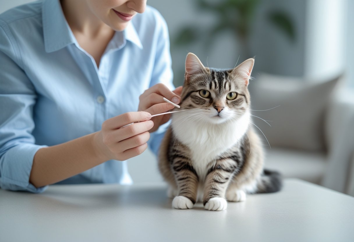 A person gently cleaning a calm cat's ear with a cotton swab while the cat sits on a light surface.