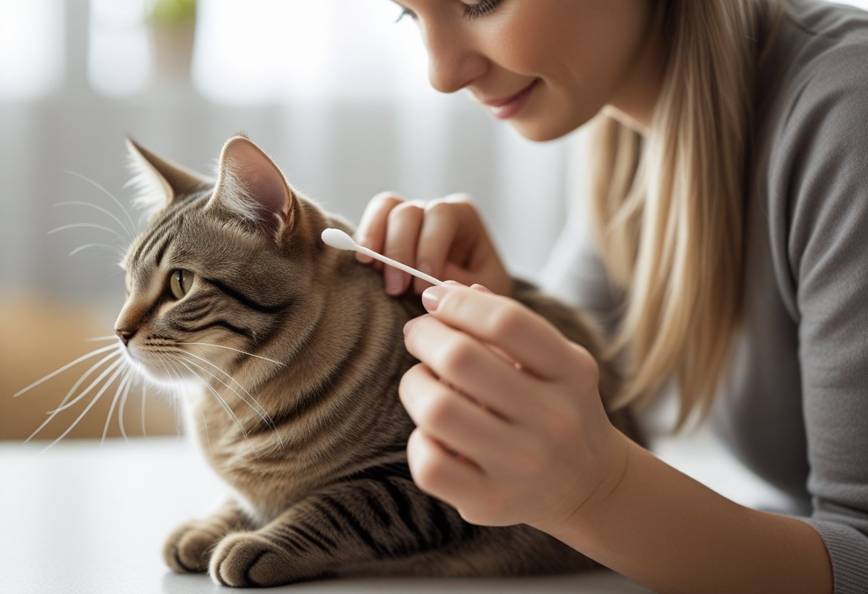 A person gently cleaning a calm cat's ear with a cotton swab, showing the cat's ear close-up.