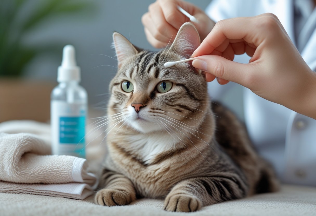 A person gently cleaning a cat's ear with a cotton swab while the cat sits calmly.